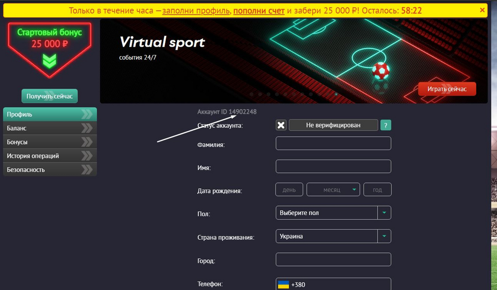 ID игрока в личном кабинете БК PinUp